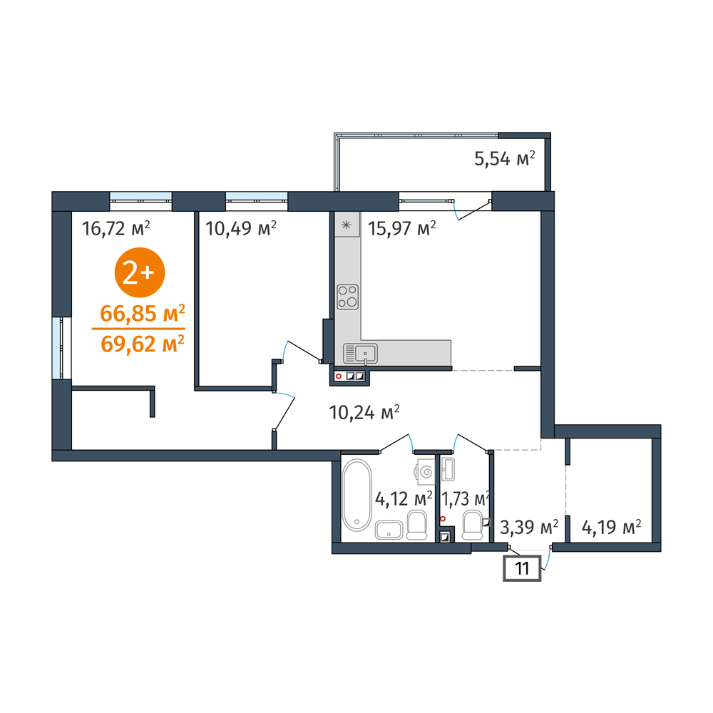 2-комнатная квартира 66 м² в доме ГП-2.1 в ЖК ДОК
